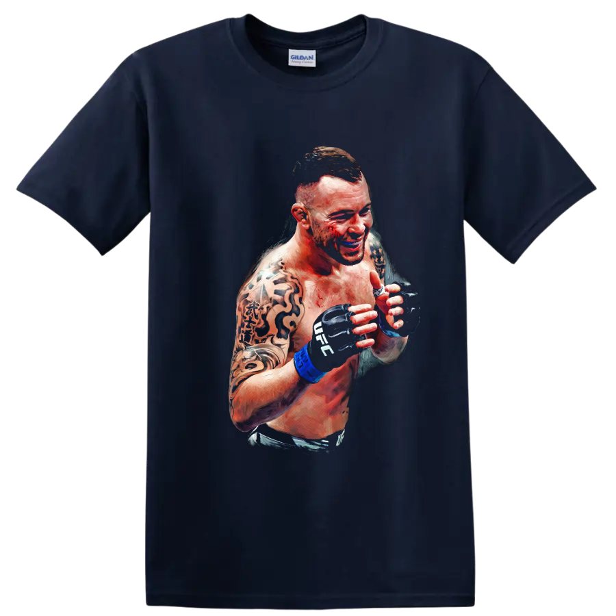 Dustin Poirier painterly MMA portrait with raised gloves and tattooed arms on a Navy (Blue) T Shirt