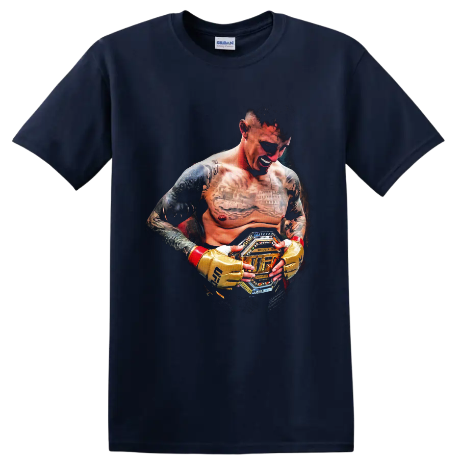 Charles Oliveira MMA fighter portrait holding championship belt in dramatic fan art on a Navy (Blue) T Shirt