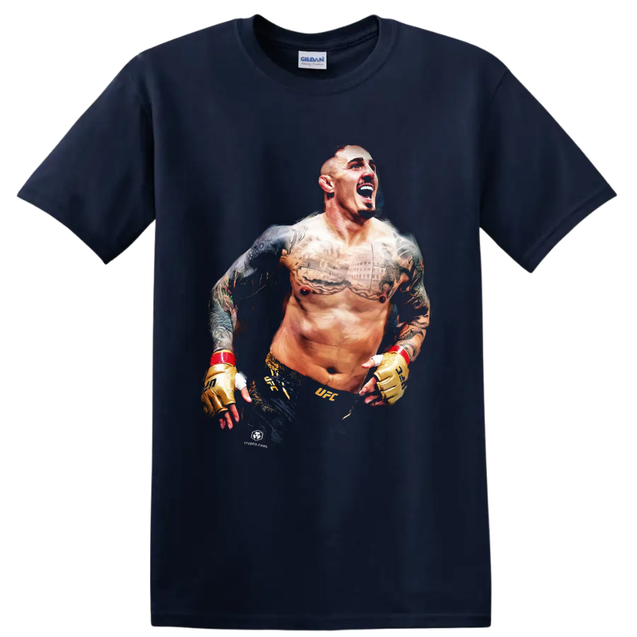 Charles Oliveira shouting in a painted MMA portrait with tattoos and gold gloves on a Navy (Blue) T Shirt