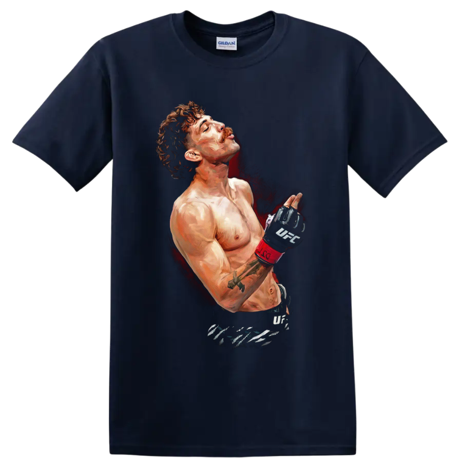 Quillan Salkilld painted MMA portrait with UFC gloves and red splatter backdrop on a Navy (Blue) T Shirt