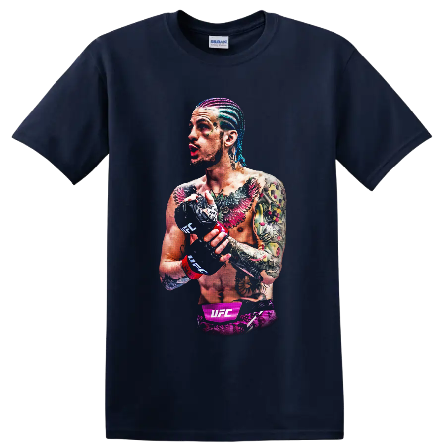 Sean O'Malley illustrated UFC fighter portrait with colorful braids, tattoos, and gloves on a Navy (Blue) T Shirt