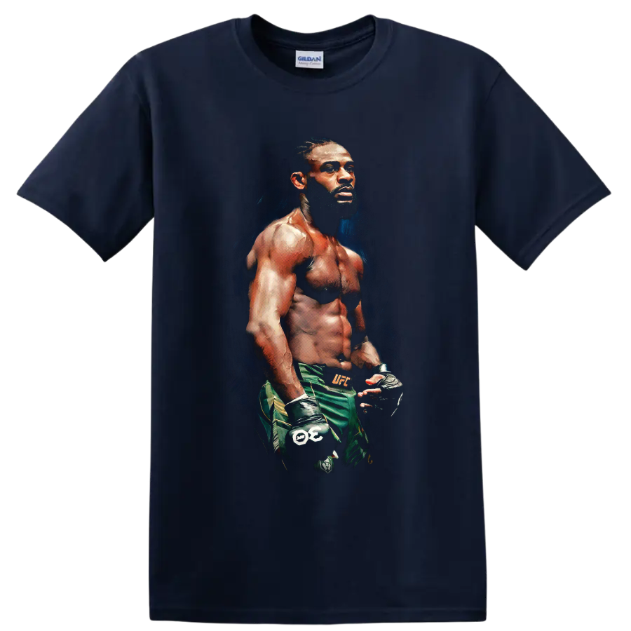 Aljamain Sterling painted MMA fighter portrait in gloves and green fight shorts on a Navy (Blue) T Shirt