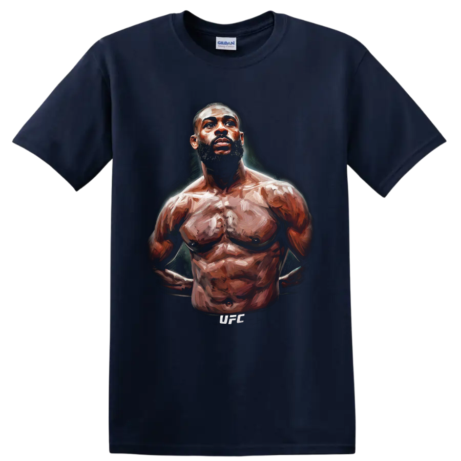 Aljamain Sterling painted UFC fighter portrait with dramatic brushwork on a Navy (Blue) T Shirt