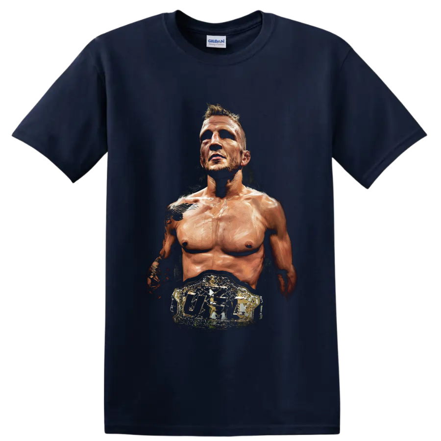 T.J. Dillashaw painterly MMA portrait wearing an ornate UFC championship belt on a Navy (Blue) T Shirt