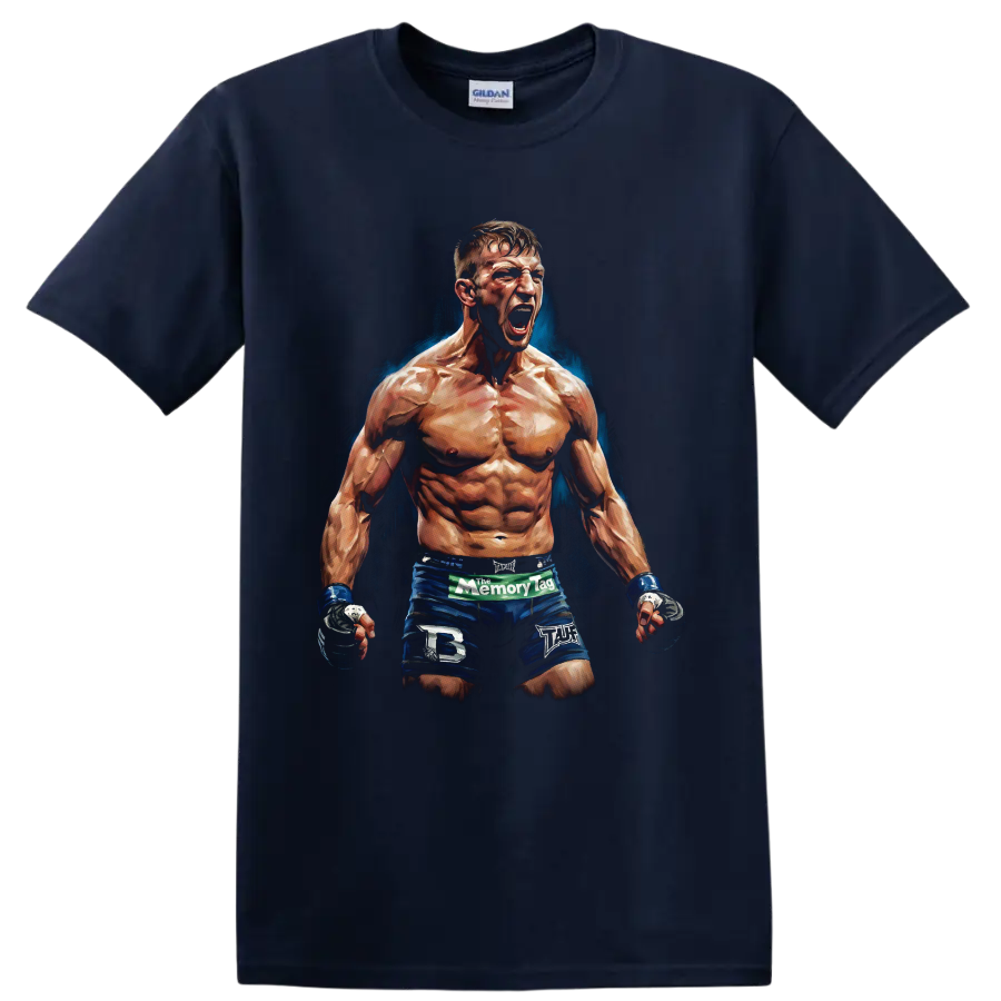 Ricky Hatton roaring fighter portrait with blue shorts and painted blue backdrop on a Navy (Blue) T Shirt