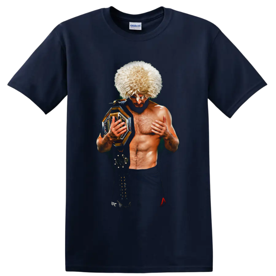 Khabib Nurmagomedov portrait in papakha hat holding a gold championship belt on a Navy (Blue) T Shirt