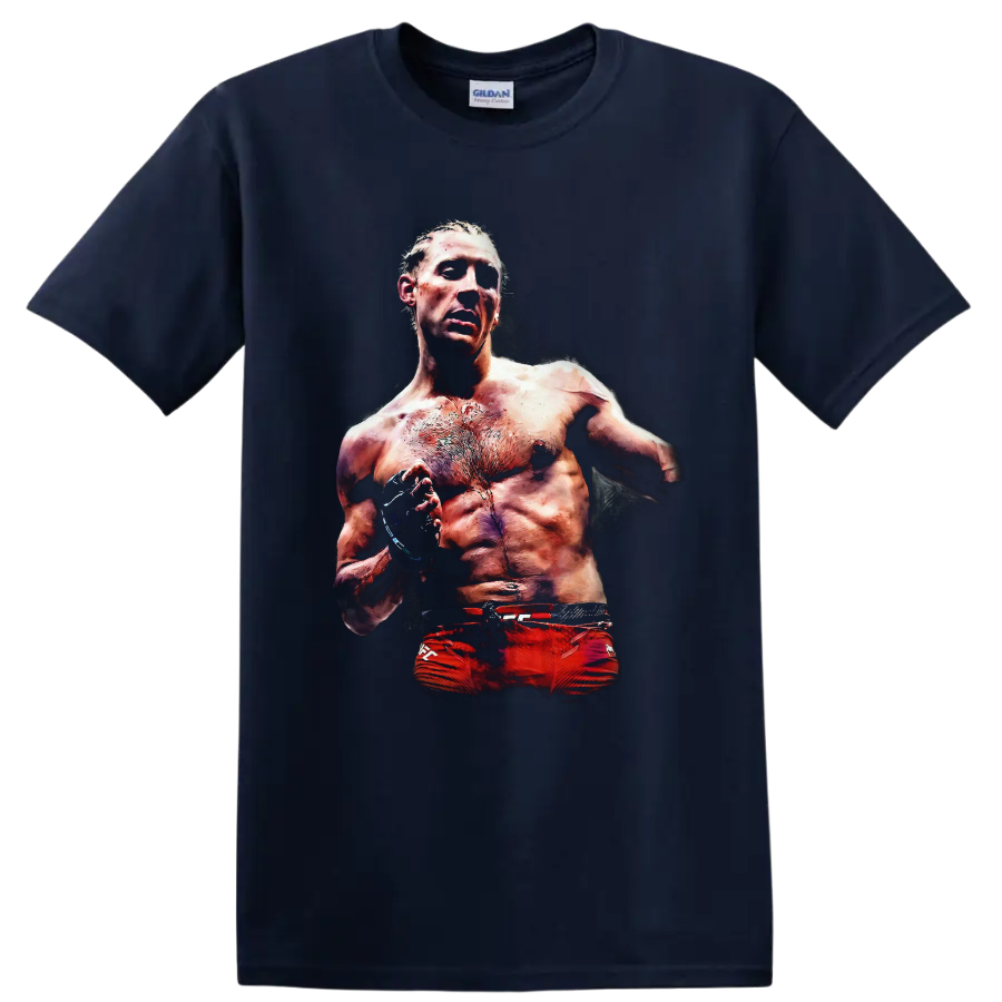 Paddy Pimblett MMA fighter portrait graphic with gloves and gritty dramatic lighting on a Navy (Blue) T Shirt