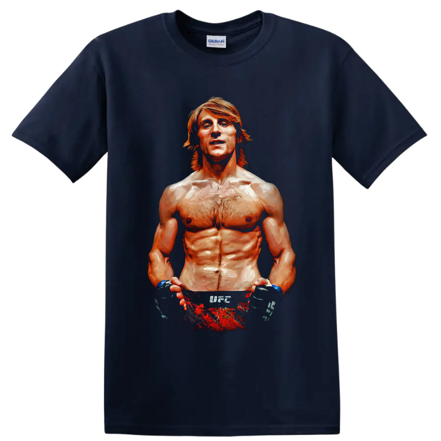 Paddy Pimblett painted portrait with MMA gloves and red fight shorts on a Navy (Blue) T Shirt
