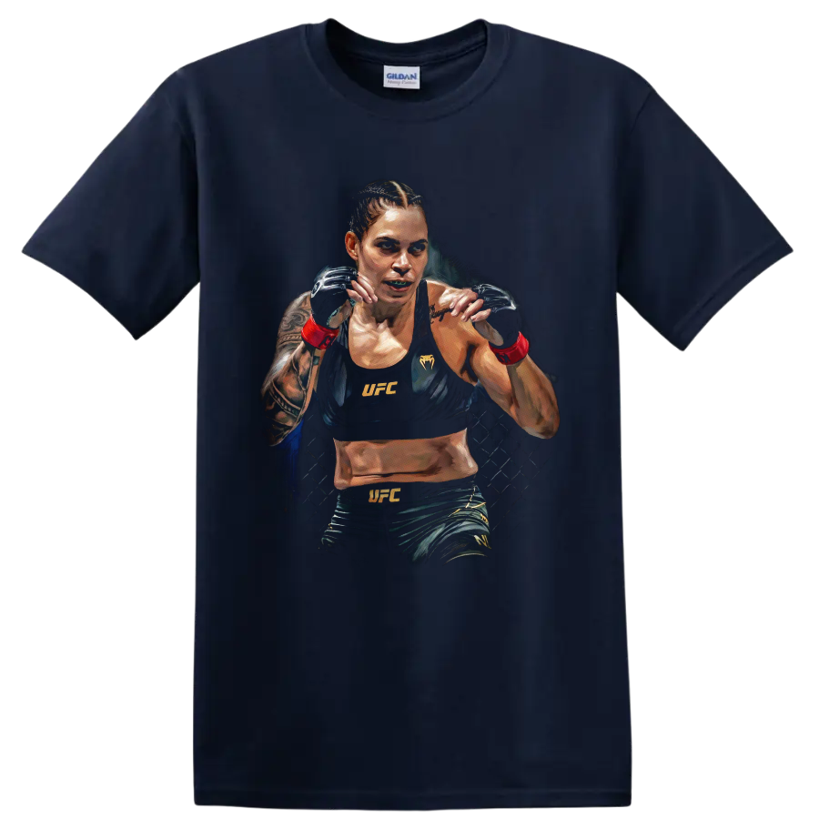 Amanda Nunes in a painted UFC guard stance with gloves, red wraps, and cage backdrop on a Navy (Blue) T Shirt