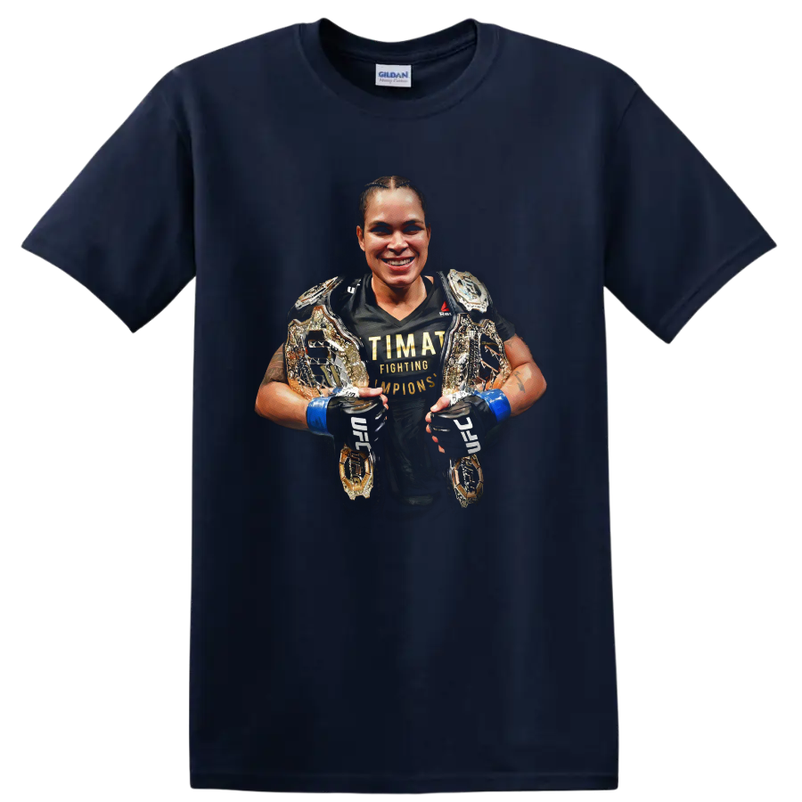 Amanda Nunes portrait with championship belts and blue MMA gloves on a Navy (Blue) T Shirt