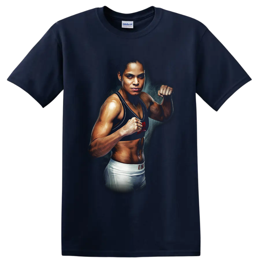 Amanda Nunes The Lioness MMA fighter portrait with raised fists in painted style on a Navy (Blue) T Shirt
