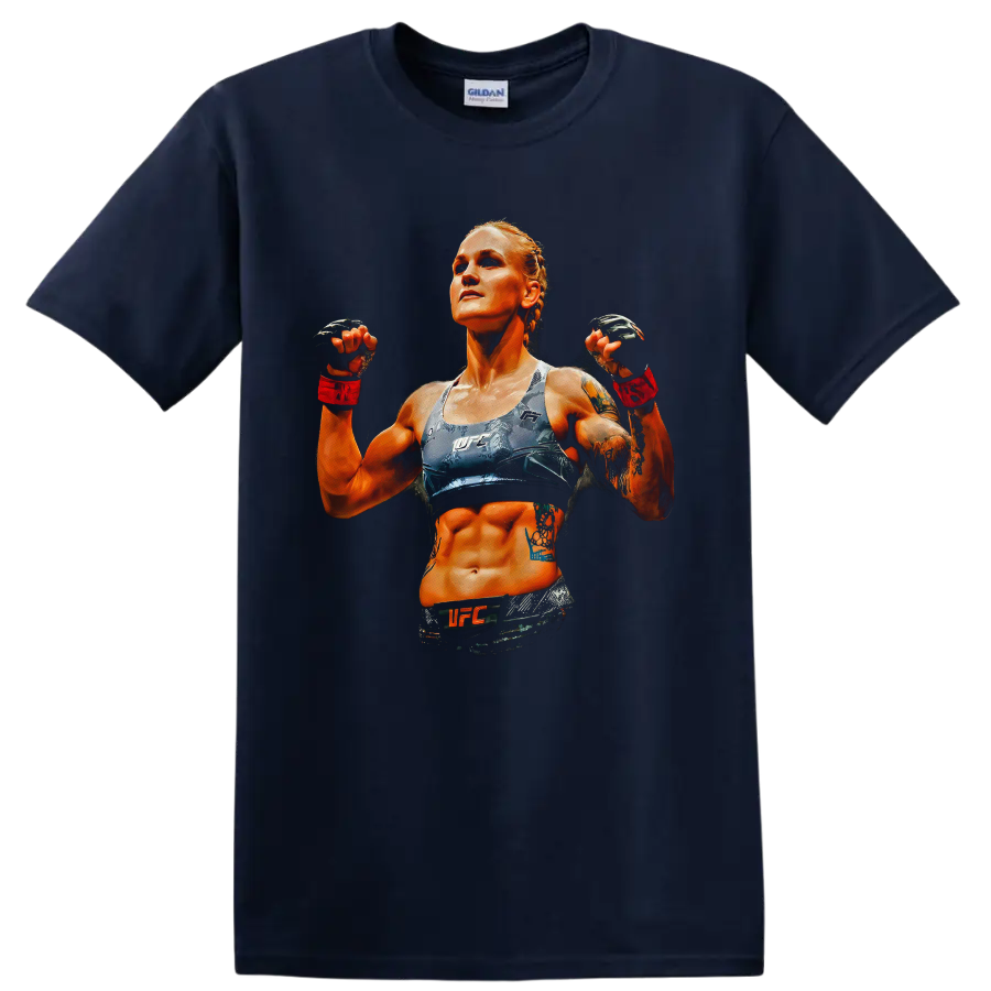 Valentina Shevchenko UFC fighter portrait in dramatic orange and blue graphic art on a Navy (Blue) T Shirt