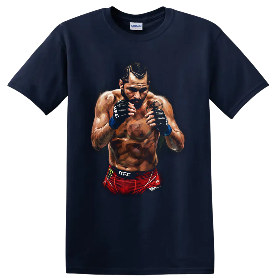 Jorge Masvidal Gamebred MMA fighter portrait in a dramatic painted fighting stance on a Navy (Blue) T Shirt