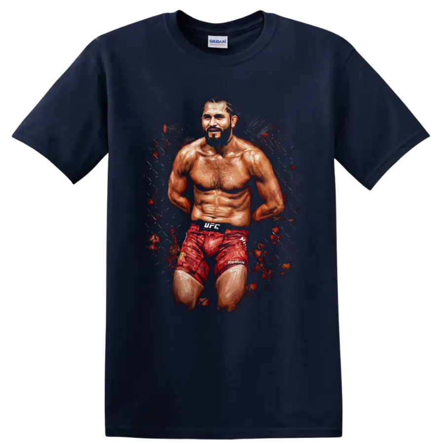 Jorge Masvidal Gamebred MMA fighter portrait in gritty painterly cage art on a Navy (Blue) T Shirt