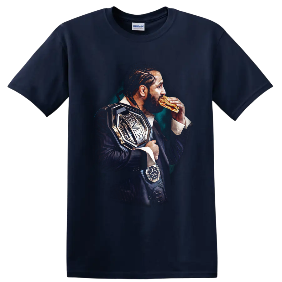 Jorge Masvidal portrait in a suit with BMF belt and sandwich on a Navy (Blue) T Shirt