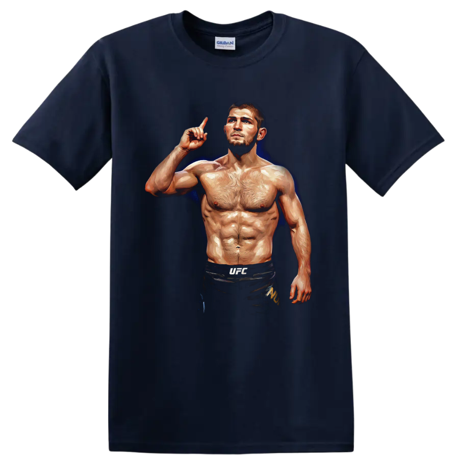 Khabib Nurmagomedov painterly MMA fighter portrait with raised finger and blue glow on a Navy (Blue) T Shirt