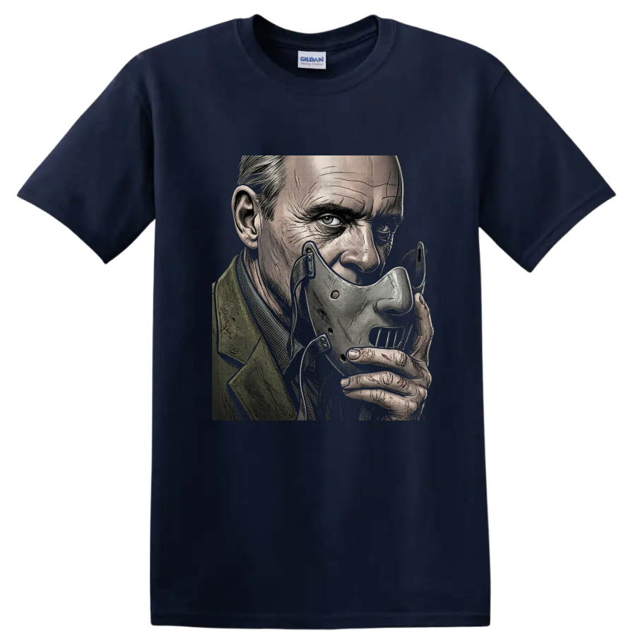 Hannibal Lecter wearing his signature mask in gothic halftone art on a Navy (Blue) T Shirt