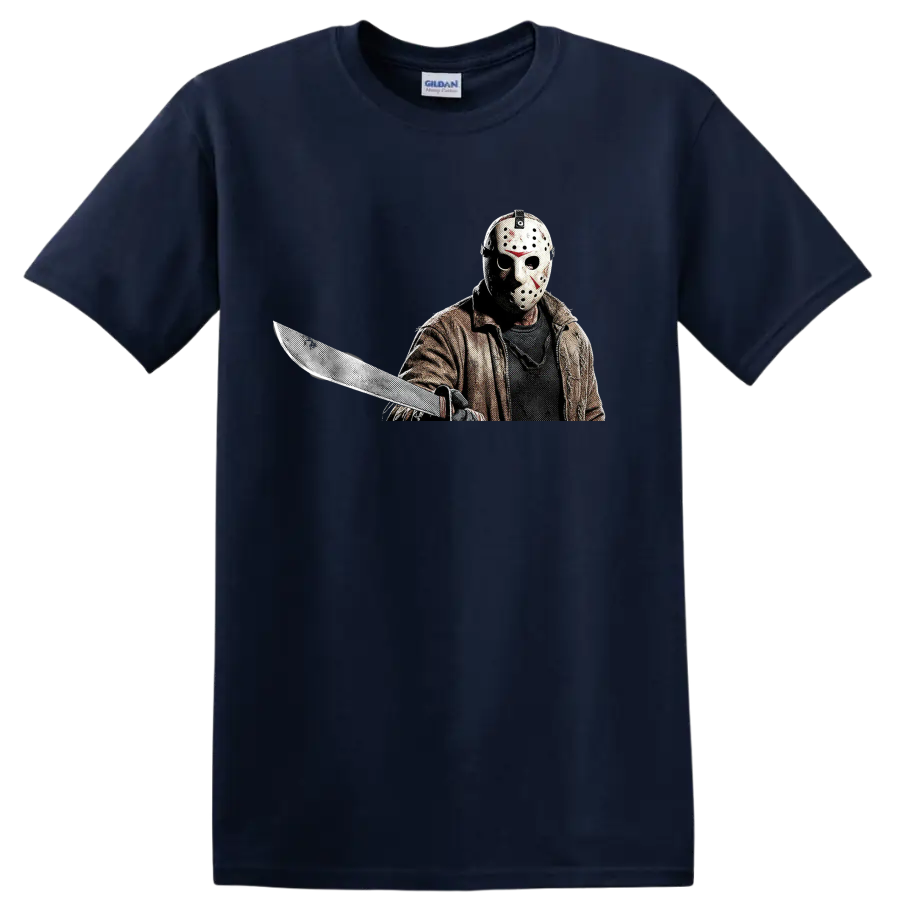 Jason Voorhees masked slasher holding a machete in gritty halftone art on a Navy (Blue) T Shirt