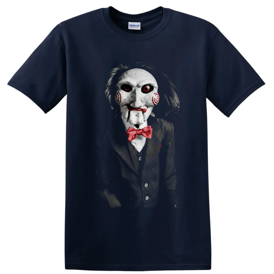 Billy the Puppet from Saw in a creepy horror graphic with red bow tie on a Navy (Blue) T Shirt