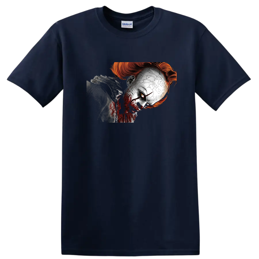 Pennywise from It distressed horror clown face graphic on a Navy (Blue) T Shirt