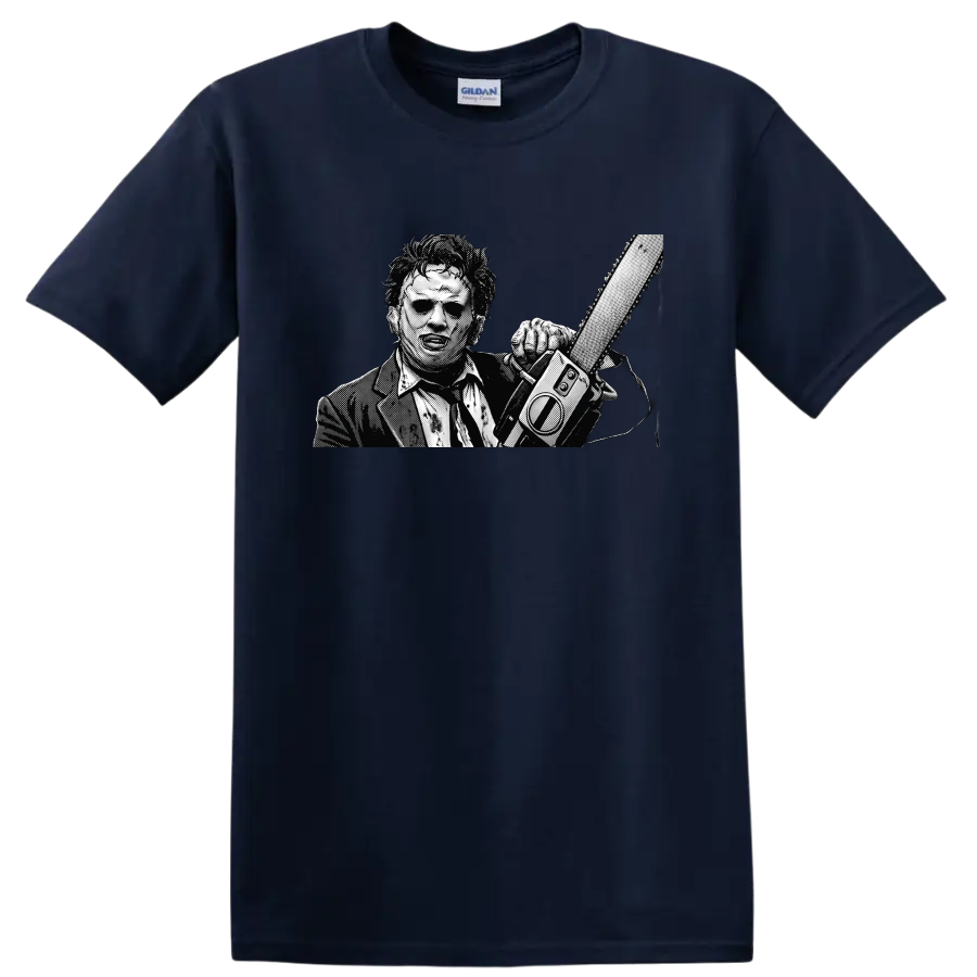 Leatherface holding a chainsaw in gritty black-and-white halftone art on a Navy (Blue) T Shirt