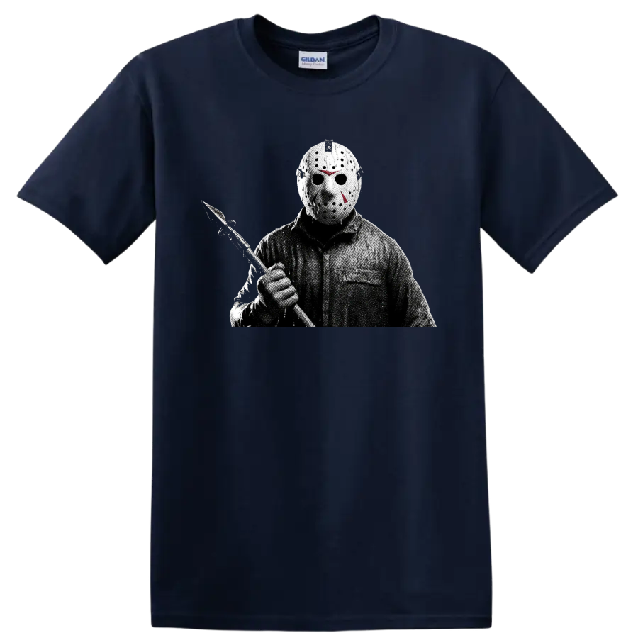 Jason Voorhees hockey mask and machete horror halftone graphic on a Navy (Blue) T Shirt