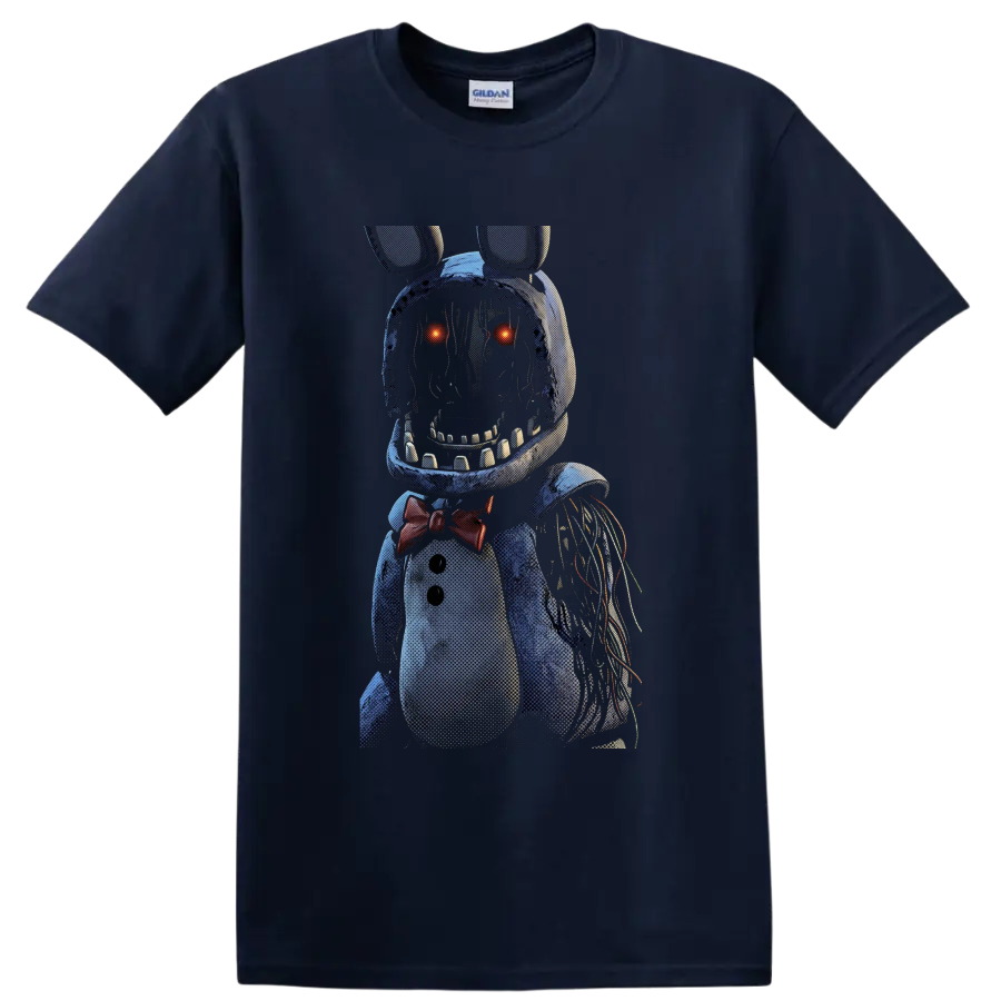 Withered Bonnie animatronic horror graphic with glowing eyes and exposed wires on a Navy (Blue) T Shirt