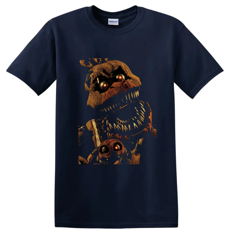 Nightmare Chica distressed animatronic horror graphic with glowing eyes on a Navy (Blue) T Shirt
