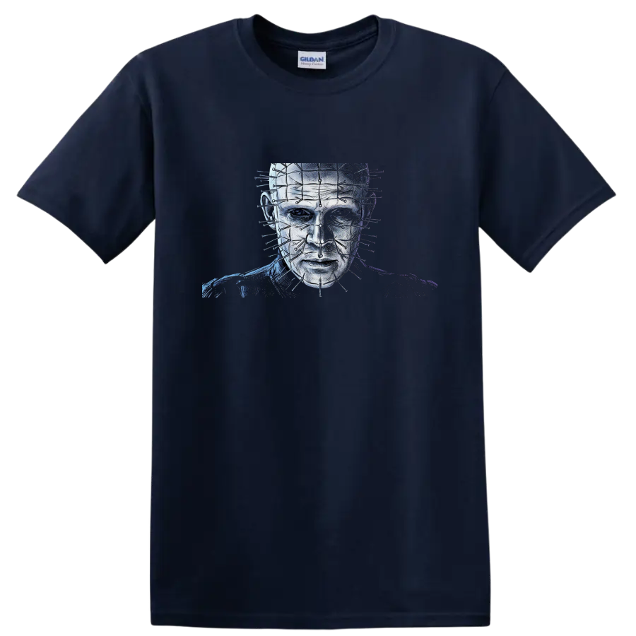 Pinhead Hellraiser gothic horror portrait with geometric pins on a Navy (Blue) T Shirt