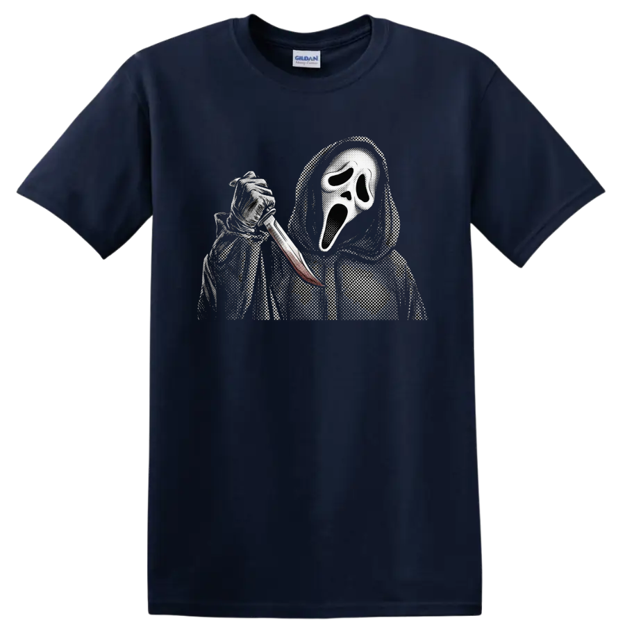 Ghostface from Scream in a hood holding a knife, vintage halftone horror art on a Navy (Blue) T Shirt