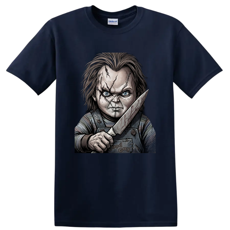 Chucky Child's Play 2 stitched face knife horror graphic on a Navy (Blue) T Shirt