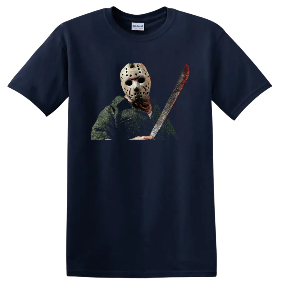 Jason Voorhees masked with machete, distressed horror graphic on a Navy (Blue) T Shirt