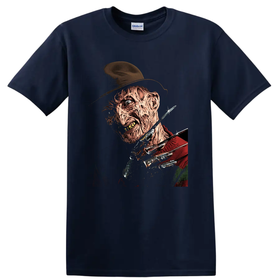 Freddy Krueger vintage horror portrait with bladed glove on a Navy (Blue) T Shirt