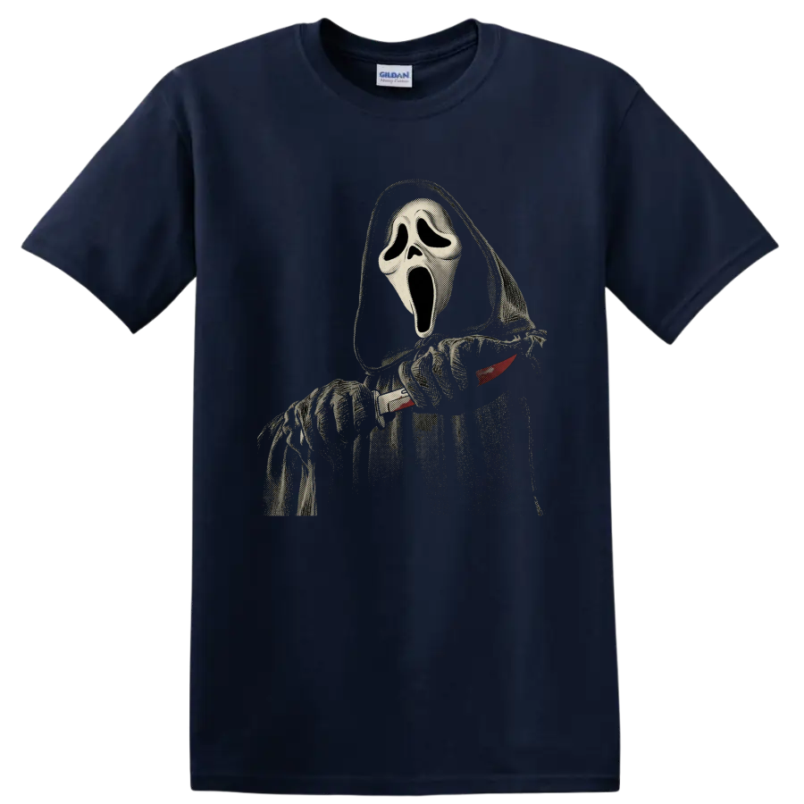 Distressed Ghostface Scream horror mask graphic on a Navy (Blue) T Shirt