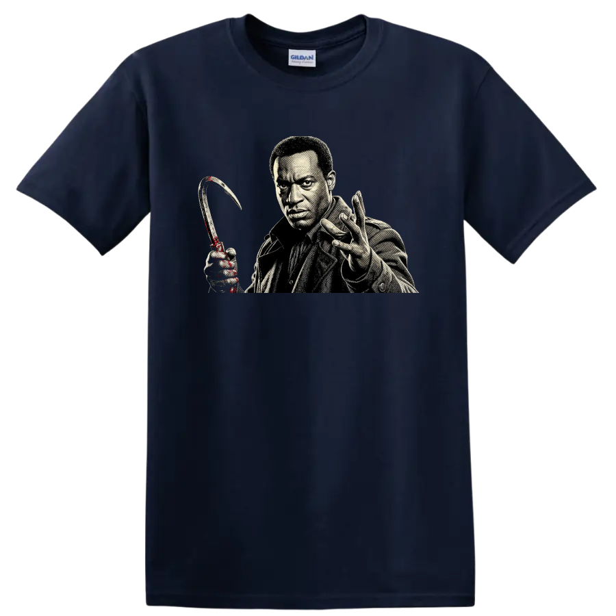 Candyman horror character portrait with curved hook graphic on a Navy (Blue) T Shirt