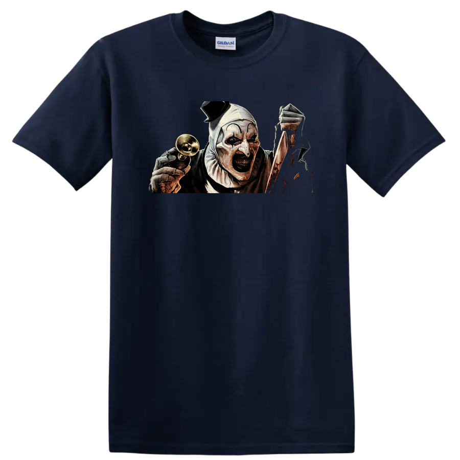 Art the Clown Terrifier horror illustration with bell and bloody knife on a Navy (Blue) T Shirt