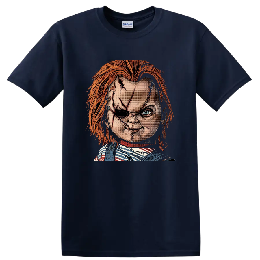 Chucky Child's Play 2 stitched killer doll vintage comic-style portrait on a Navy (Blue) T Shirt