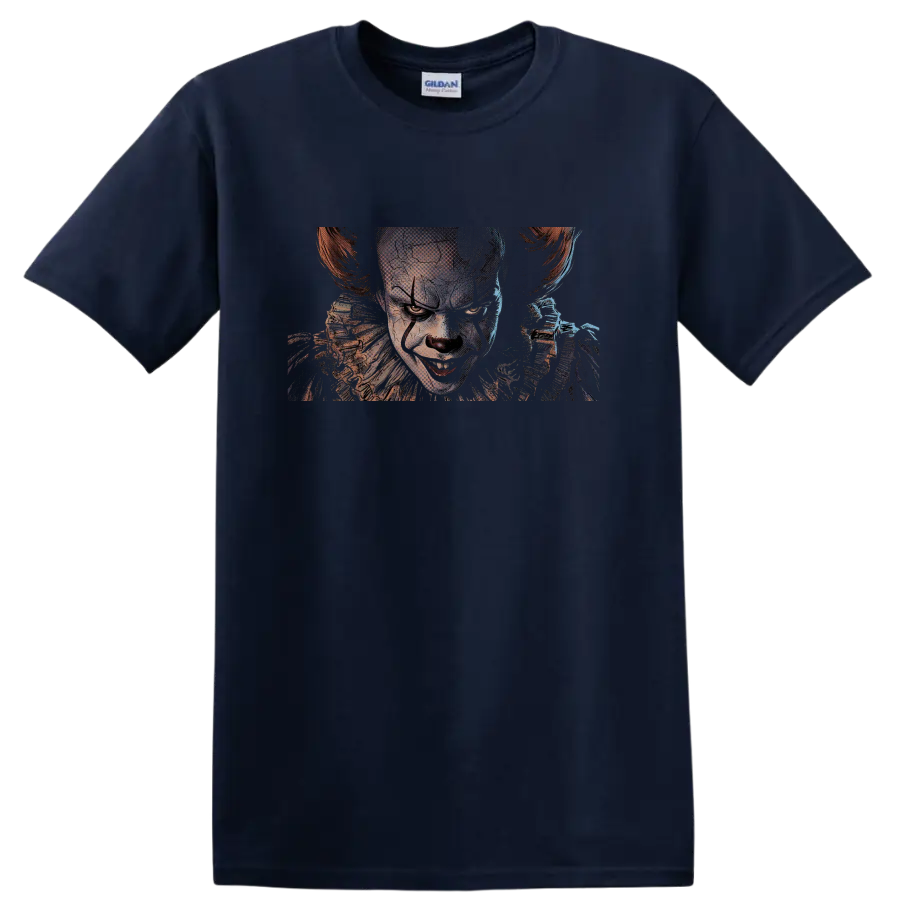 Pennywise from It sinister clown portrait graphic print on a Navy (Blue) T Shirt