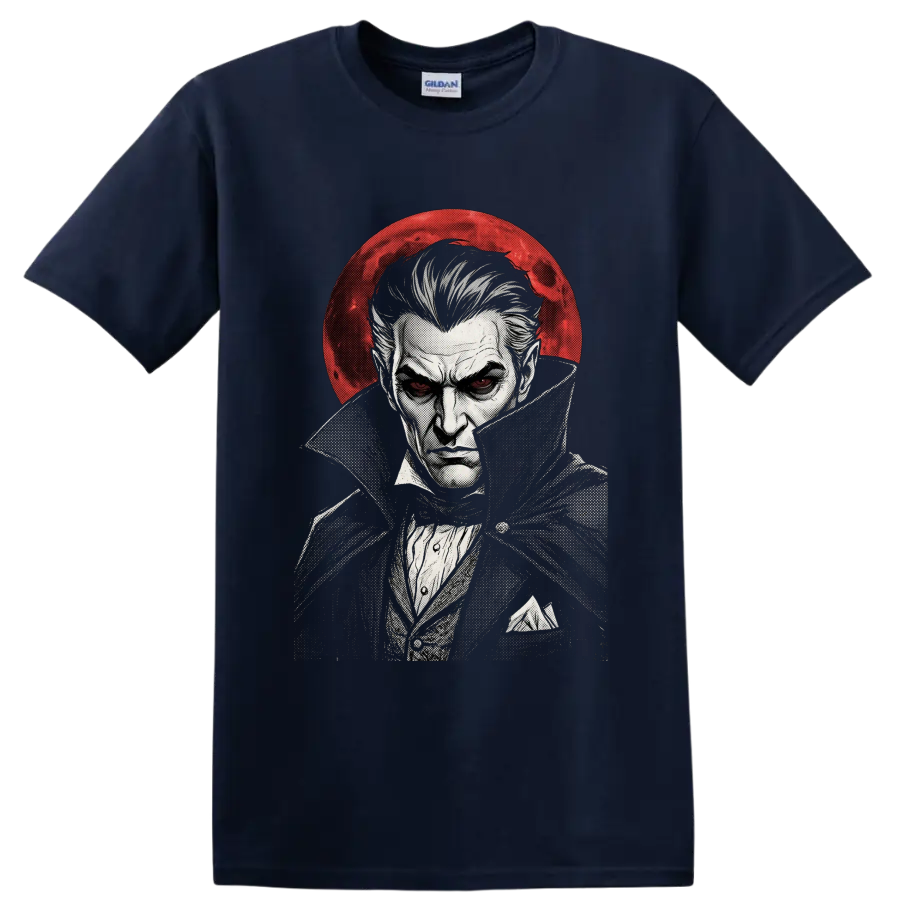 Dracula gothic vampire portrait with red moon in vintage ink style on a Navy (Blue) T Shirt