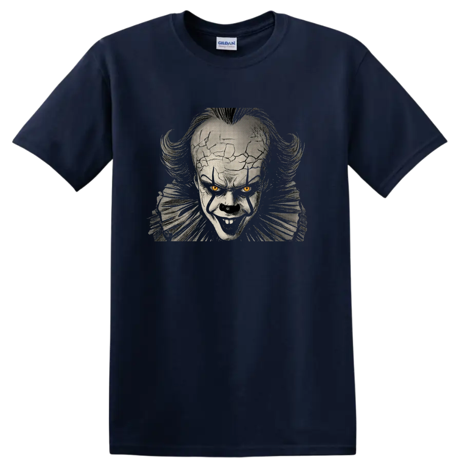 Pennywise from It creepy clown halftone portrait with yellow eyes on a Navy (Blue) T Shirt
