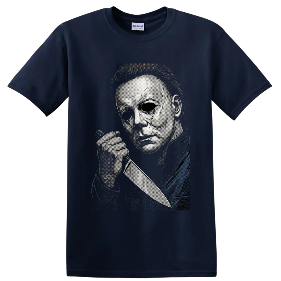 Michael Myers masked knife slasher portrait in halftone horror art on a Navy (Blue) T Shirt