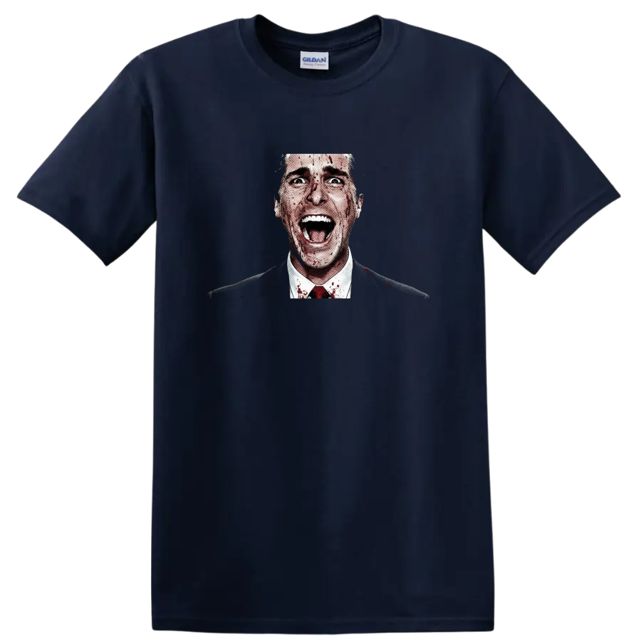 Patrick Bateman American Psycho blood-splatter halftone horror portrait on a Navy (Blue) T Shirt
