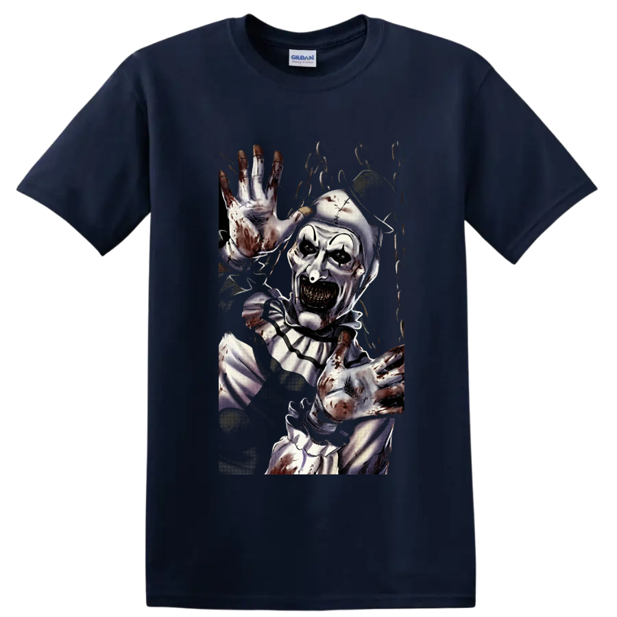 Art the Clown from Terrifier in a gritty bloody horror graphic on a Navy (Blue) T Shirt