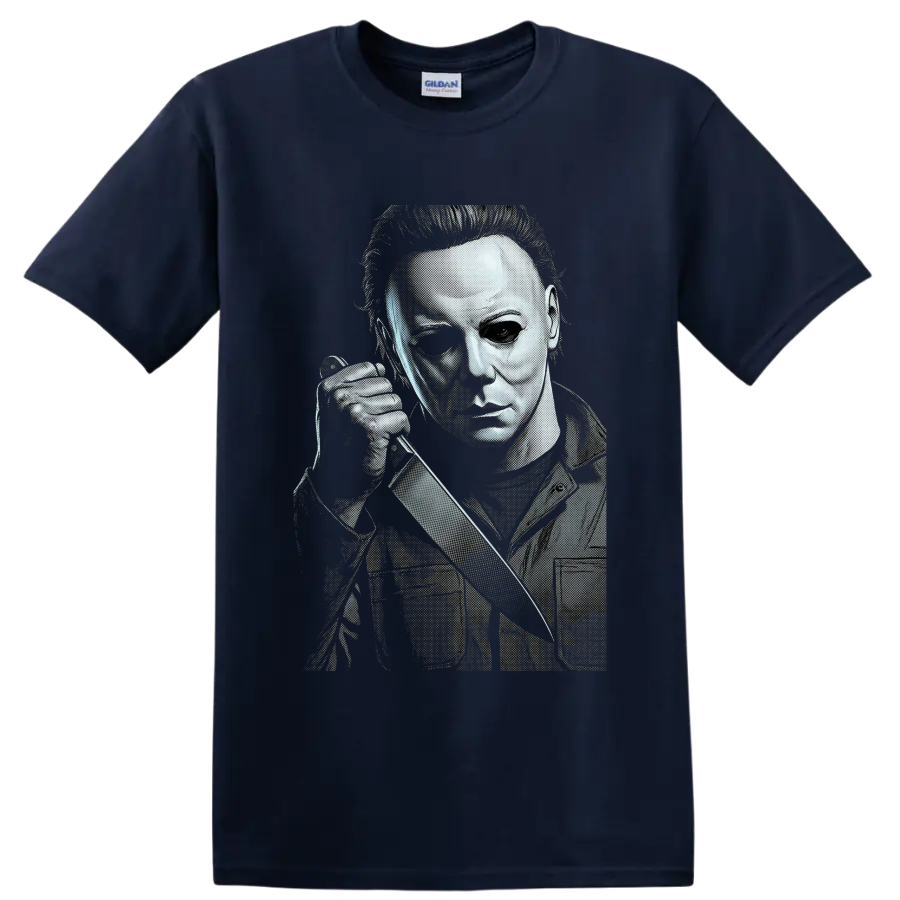 Michael Myers Halloween halftone slasher portrait with knife on a Navy (Blue) T Shirt