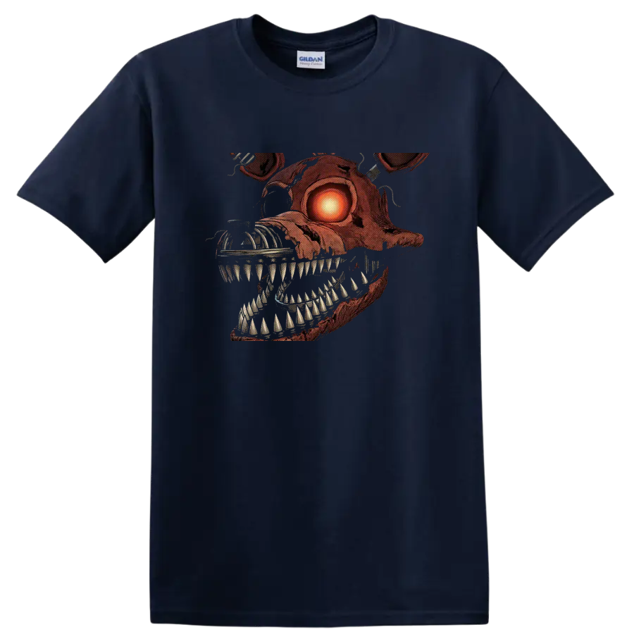 Nightmare Foxy horror animatronic graphic with glowing eye and sharp teeth on a Navy (Blue) T Shirt