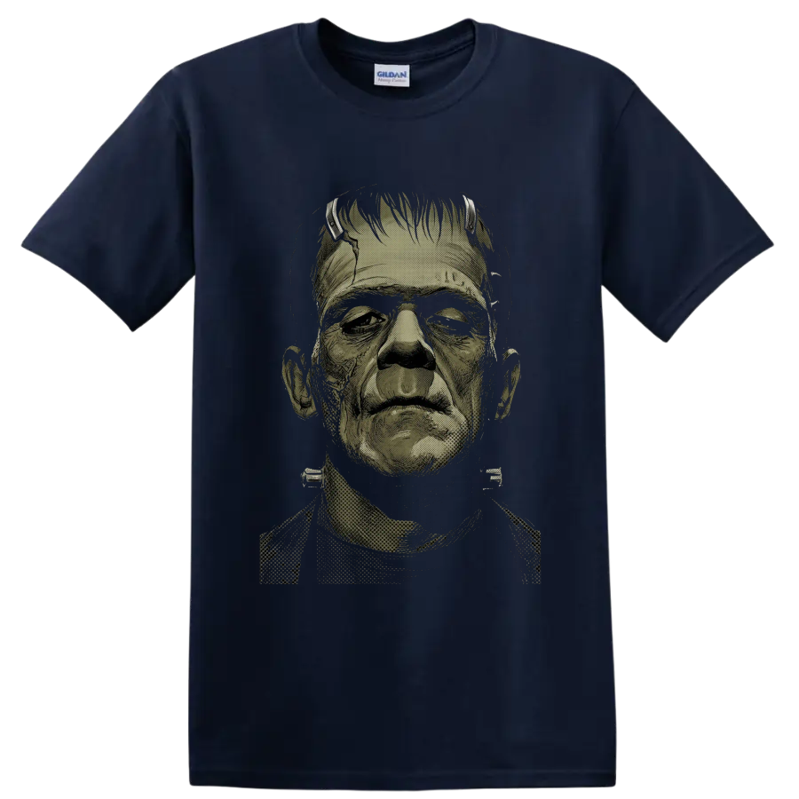 Frankenstein's Monster vintage horror portrait graphic on a Navy (Blue) T Shirt
