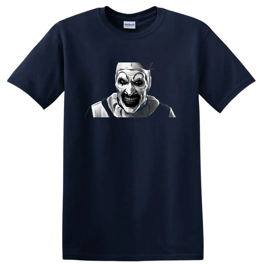 Art the Clown from Terrifier in black and white halftone horror art on a Navy (Blue) T Shirt