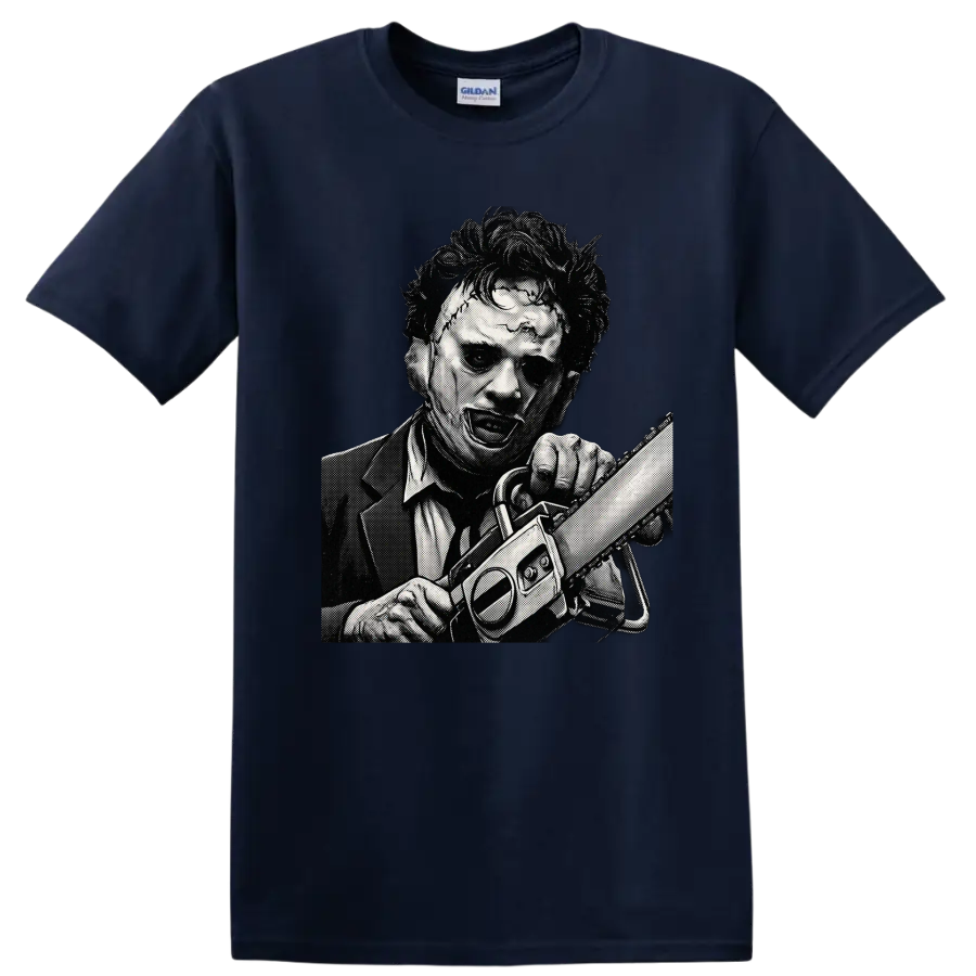Leatherface wielding a chainsaw in black-and-white halftone horror art on a Navy (Blue) T Shirt