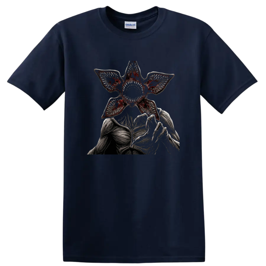 Demogorgon gothic horror graphic with flower-like mouth and reaching claws on a Navy (Blue) T Shirt