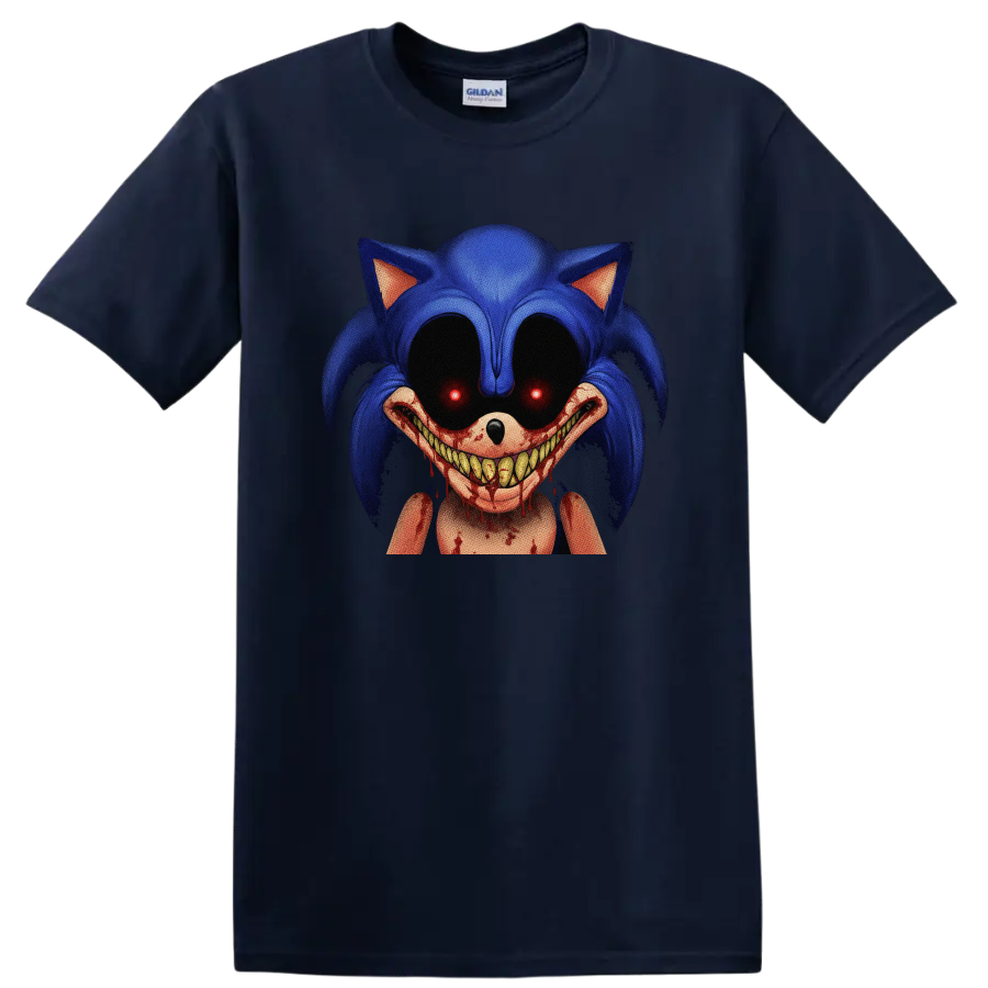 Sonic.EXE horror character with glowing red eyes and bloody toothy grin on a Navy (Blue) T Shirt